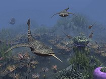 Biosphoto | 2479076 | 8-inch-long jawless fish of the genus Doryaspis swim amongst a bed of Anthozoa of the order Actiniaria (AKA sea anemones) 410 million years ago in what is today the Svalbard archipelago in Norway. Doryaspis (AKA Lyktaspis) was armored with bony spines and a long snout that had spines set along its length (somewhat like the saw of a modern sawfish). Doryaspis' mouth opened above, rather than below the snout, and is believed to have dined on plankton. However the snout may have been used to stir up small crustaceans from the mud or sand. . In addition to a variety of anemones are palm-like crinoids (class Crinoidea), pentagonal-shaped sea stars, nautilus-like ammonites, and squid-like nautiloid cephalopods of the genus Orthoceras. | &copy; Walter Myers / Stocktrek Images / Biosphoto