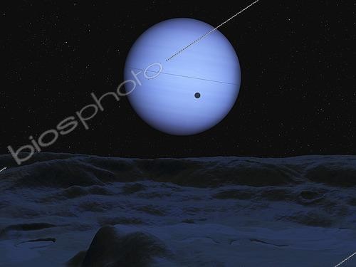 Biosphoto | 2484510 | A full Neptune washes Triton's frozen surface with an indigo light, the only source of illumination on this now Triton's dark side. Fortuitous alignment of the Sun, Triton and Neptune causes this satellite's shadow to fall on Neptune's distant cloud tops 220 thousand miles away. This view is from within a deep, crater-like depression on Triton's northern hemisphere. . There are many such crater-like depressions on Triton's northern hemisphere. While these depressions look like impact craters, their similar size and spacing suggest that they were created by some other process. Their origin is still unknown, but may involve local melting and collapse of the icy surface. The scarcity of impact craters suggest that this surface is relatively young by solar system standards, probably less than a few billion years old. The depression in this image is about 15 miles in diameter; the ridge on the horizon is approximately seven miles from the mesa in the foreground. | &copy; Walter Myers / Stocktrek Images / Biosphoto