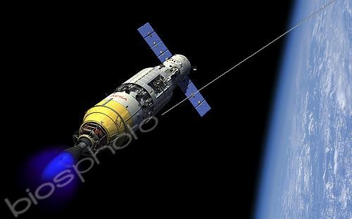 Biosphoto | 2484590 | A manned orbital maintenance platform (OMP) docked with a manned reusable crew capsule (RCC) in low Earth orbit ignites an auxiliary liquid-propellant rocket booster in order to lift it to a far higher Earth orbit for an eventual rendezvous with NASA's James Webb Space Telescope (JWST). At this configuration the spacecraft has a total length of 110 feet with a maximum diameter of 18 feet. | &copy; Walter Myers / Stocktrek Images / Biosphoto