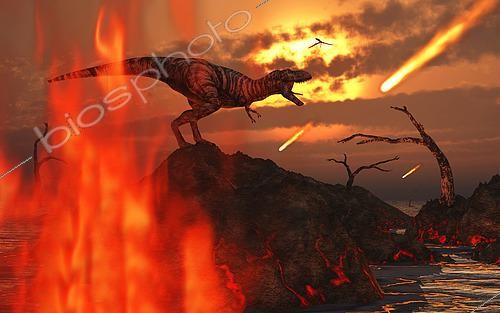 Biosphoto | 2477528 | A mighty Tyrannosaurus Rex meets its end, when the area its living in is hit by an intense earthquake and volcanic activity. | &copy; Mark Stevenson / Stocktrek Images / Biosphoto
