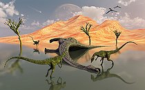 Biosphoto | 2477514 | A pack of carnivorous Dilophosaurus scavaging a free meal in the form of a dead sauropod dinosaur, which died of natural causes back in Earth's Jurassic Era. | &copy; Mark Stevenson / Stocktrek Images / Biosphoto
