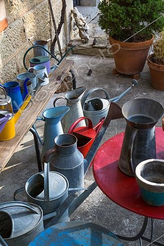 Biosphoto | 2084228 | Collection of Watering cans, Provence, France | &copy; Philippe Giraud / Biosgarden / Biosphoto