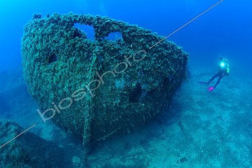 Biosphoto | 2140152 | Diver and Boat Wreck, Antheors Péniches Dive Site, Côte d'Azur, France | &copy; Jean Cassou / Biosphoto
