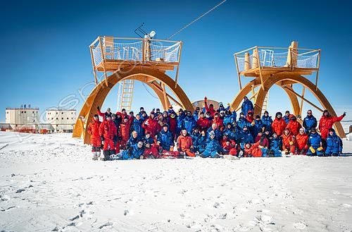 Biosphoto | 2595531 | Group photo of the entire staff at Christmas time. Concordia Antarctic Research Station, Dome C plateau, East Antarctica. | &copy; Armand Patoir / Biosphoto