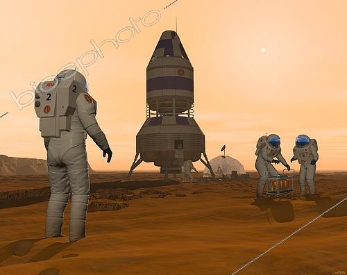 Biosphoto | 2484495 | Illustration of astronauts setting up a base on the Martian surface around their lander vehicle. The first human visitors to Mars would face an environment nearly as hostile as the Earth's Moon. While Mars has an atmosphere, it contains no breathable oxygen and is so thin that the surface air pressure is about the same as the Earth's 18 miles above sea level. To venture outside, humans would need hardy suits that would supply pressure, oxygen, moisture, warmth, and insulate them from the fine martian dust that may be both abrasive and chemically reactive. Even with these precautions, humans would still be vulnerable to radiation from solar storms and the continual rain of interstellar cosmic rays. | &copy; Walter Myers / Stocktrek Images / Biosphoto