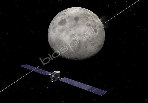 Biosphoto | 2484586 | In this image, the Dawn spacecraft's three xenon electrostatic ion thrusters can be seen emitting ionized xenon's characteristic blue/magenta glow, gently propelling the probe toward the dwarf planet Ceres. While the ion engines have relatively low specific thrust (about equal to the weight of a few sheets of paper), they can operate continuously for long periods making efficient use of the approximately 1,000 pounds of xenon propellant onboard. The wing-like solar arrays produce about 1,300 watts for probe's propulsion and other electrical systems. . While no close-up observations have yet been made of Ceres itself, here it is rendered as appearing similar to a much smaller version of the Earth's Moon, heavily cratered with the addition of surface water ice and hypothesized plumes of ice crystals from water geysers on its surface. . In February 2015 the unmanned Dawn spacecraft is scheduled to arrive at the dwarf planet Ceres. The 65 foot long, 2.5 ton probe was launched from the Earth in 2007, passed Mars in 2009, and went into orbit around the protoplanet Vesta in July 2011 where it stayed until September 2012. Once in orbit around Ceres, Dawn is expected to operate for about a year making observations of this largest object in the asteroid belt. 
 | &copy; Walter Myers / Stocktrek Images / Biosphoto