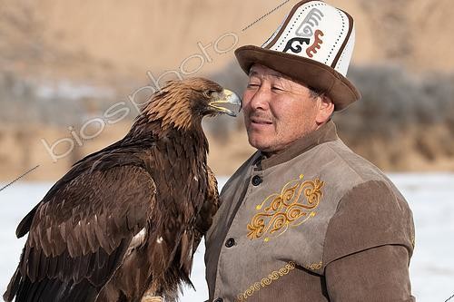 Biosphoto | 2551391 | Kyrgyz eagler (Berkutchi) with a Kalpak, carrying its eagle, Yssyk Kul, Kyrgyzstan | &copy; Bastien Chaix / Biosphoto