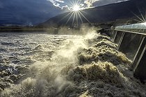 Biosphoto | 2576445 | Major flooding of the Rhône in Savoie. Motz dam in December 2023: heavy rainfall caused the river to flood, regulated by the CNR (Compagnie Nationale du Rhône) reservoirs, run-of-river flow, Chautagne, Haute Savoie, France | &copy; Jean-Philippe Delobelle / Biosphoto