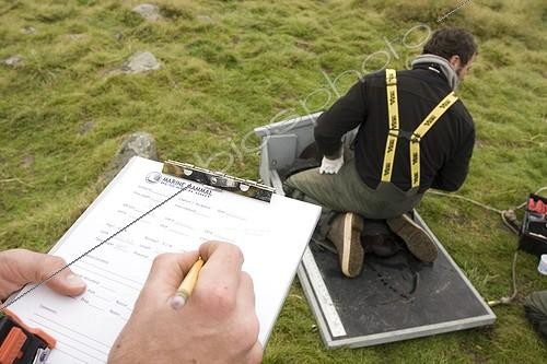 Biosphoto | 919236 | Notes taken during the measurement of a captured sea lion | &copy; Thibaut Vergoz / Biosphoto