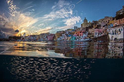 Biosphoto | 2427212 | School of fish under the surface at dusk, island Procida, La Corricella, Tyrrhenian Sea, Campania Italy | &copy; Pasquale Vassallo / Biosphoto
