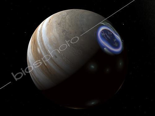 Biosphoto | 2484572 | This is how auroras on Jupiter's north pole might look from a distance of about a quarter million miles. On the Sunlit side can be seen churning clouds of ammonia ice, ammonium hydrosulfide, and water ice. The dark side reveals a dazzling aurora and brilliant flashes of lightning hundreds of times brighter than lightning on Earth. . Unlike Earth's north and south pole auroras which are powered by charged particles from the Sun, auroras on Jupiter are driven by particles emitted by Jupiter's volcanic moon Io. Io in fact leaves a distinct auroral footprint on Jupiter's poles, seen here as a whitish dot with a trailing, comet-like tail at the seven 0'clock position. Jupiter's moons Europa and Ganymede also have corresponding, albeit fainter footprints on the far side of the larger auroral oval. | &copy; Walter Myers / Stocktrek Images / Biosphoto