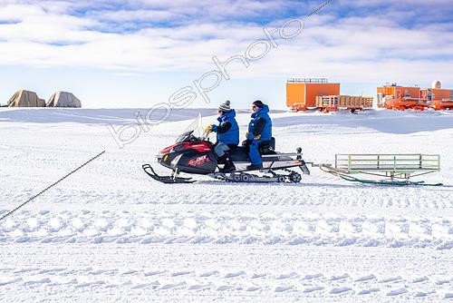 Biosphoto | 2595526 | Two scientists use a snowmobile to get around the station. Concordia Antarctic Research Station, Dome C plateau, East Antarctica. | &copy; Armand Patoir / Biosphoto
