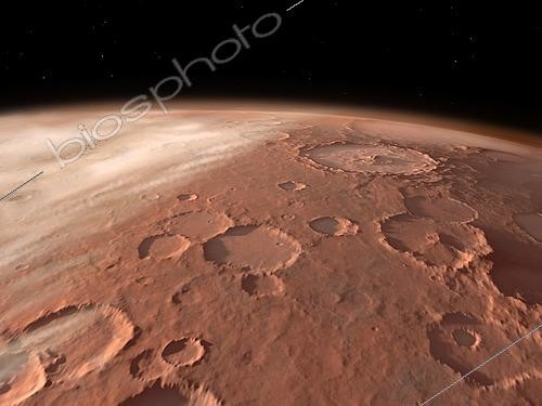 Biosphoto | 2484492 | Unlike the rolling volcanic plains of the north, the southern half of Mars is dominated by older, heavily cratered highlands. The distinctly lunar-like terrain of Terra Sirenum belies the fact that, unlike the Earth's Moon, Mars has an active atmosphere. . In this rendering the perspective is from an altitude of about 30 miles and about 30 degrees from Mars' south pole. The large crater with a central peak at the 2 o'clock position near the horizon is Liu Hsin, with a diameter of 80 miles. Just beyond Liu Hsin is the southern rim of a much larger crater named Copernicus, with a diameter of 180 miles. To the west, high-flying cirrus clouds of water ice crystals form complex patterns in the tenuous carbon dioxide atmosphere. | &copy; Walter Myers / Stocktrek Images / Biosphoto