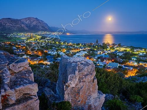 Biosphoto | 2485470 | View over Hermanus and Walker Bay from Hoy's Koppie with a Blue Moon rising on the horizon. Hermanus. Whale Coast. Overberg. Western Cape. South Africa | &copy; Roger de La Harpe / Biosphoto
