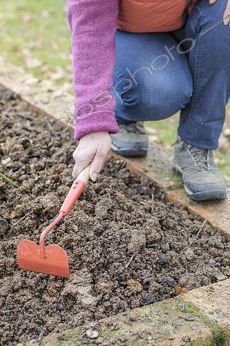 Biosphoto | 2572633 | Woman shaping a mound in a small vegetable garden in clay soil before sowing. | &copy; Jean-Michel Groult / Biosphoto