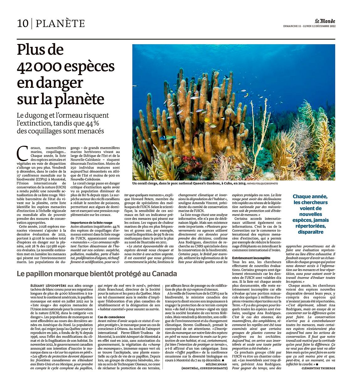 Le Monde, 12 décembre 2022. Photo Mathieu Foulquié / Biosphoto